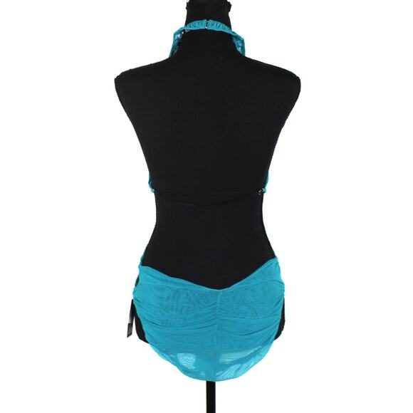 Supriya Lele Turquoise Mesh Halter Cut Out Bodysuit Medium NEW Blue Backless Top - Picture 6 of 8